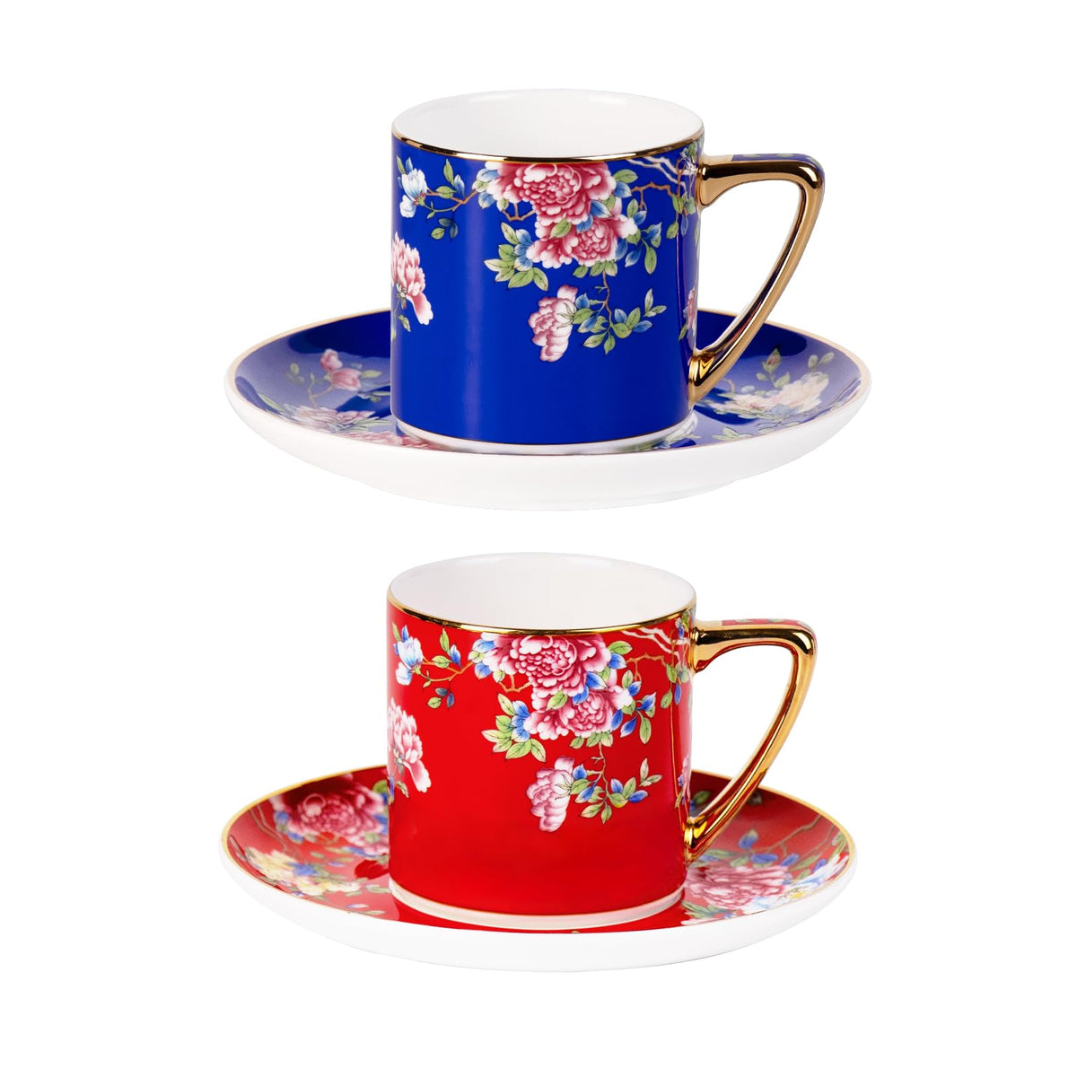KAMMAK Tea Cup and Saucer, Ceramic Coffee Cups, 7.4 oz, Set of 2