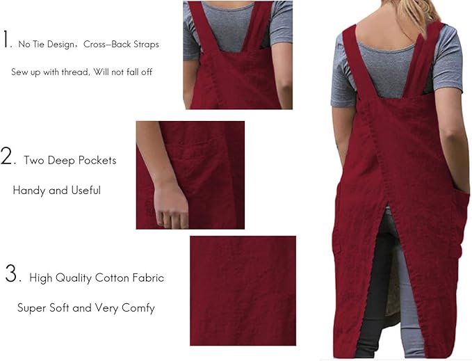 Women's Pinafore Square Apron Baking Cooking Gardening Works Cross Back Cotton/Linen Blend Dress with 2 Pockets