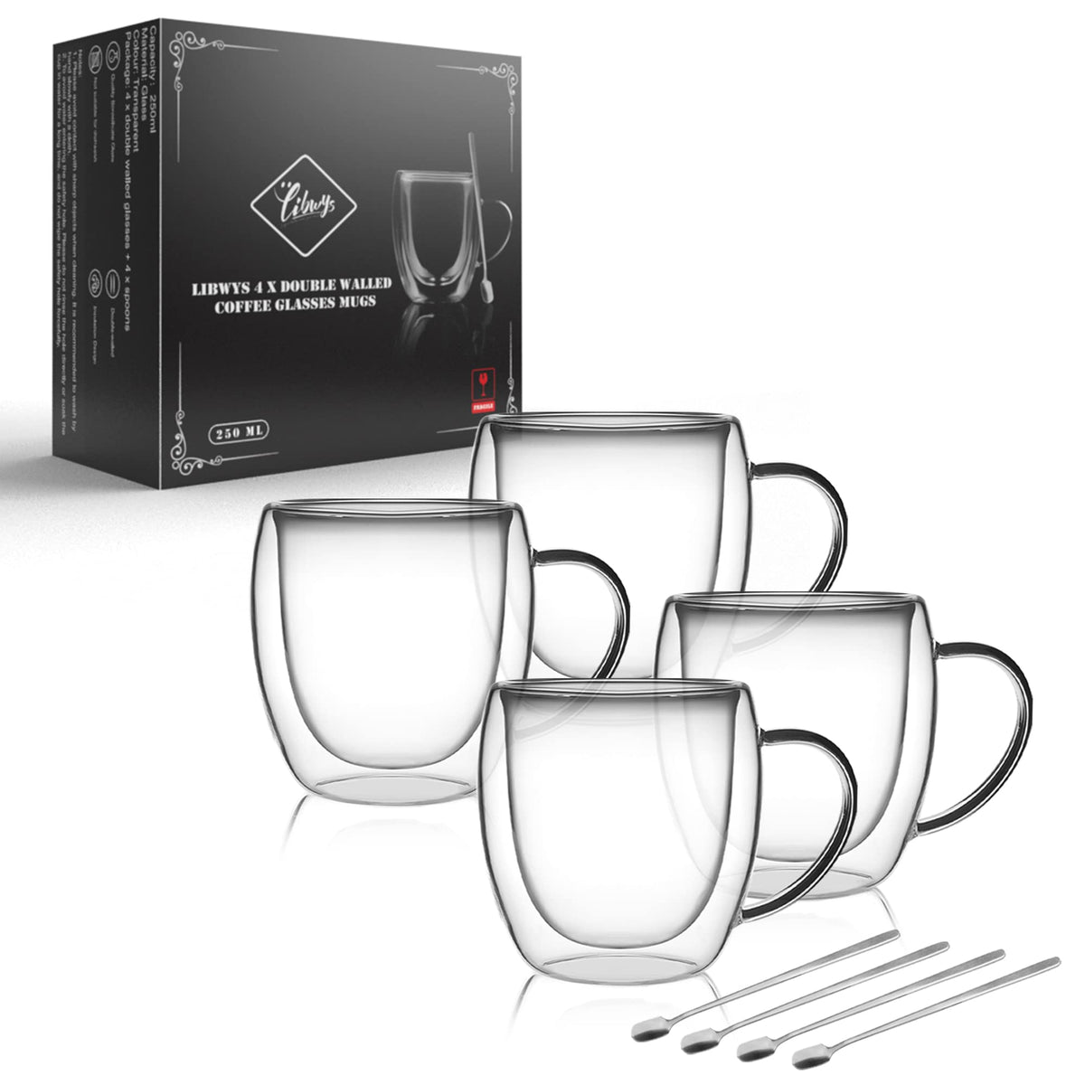 LIBWYS 6 Pack Double Walled Coffee Cups Glasses Mug 12oz Borosilicate Glass