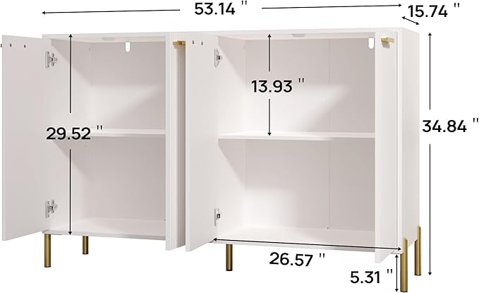 White Fluted Sideboard Cabinet - Luxury Buffet Table with 4 Doors, Large Coffee Bar Station for Living Room, Kitchen, Hallway, Entryway Storage