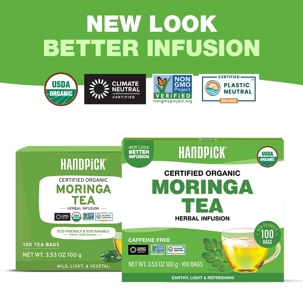 HANDPICK, Organic Moringa Tea Bags (100 Count), Pure Moringa Leaves | Authentic Indian Origin | Caffeine Free, Non GMO | Round Eco-conscious Teabags