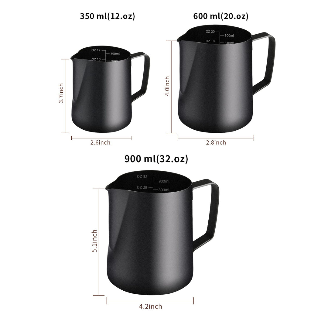 Milk Frothing Pitcher, 12OZ/350ML Stainless Steel Espresso Steaming Pitcher Coffee Milk Frother Cup with Decorating Art Pen for Espresso Machine, Milk Frother, Latte Art Black