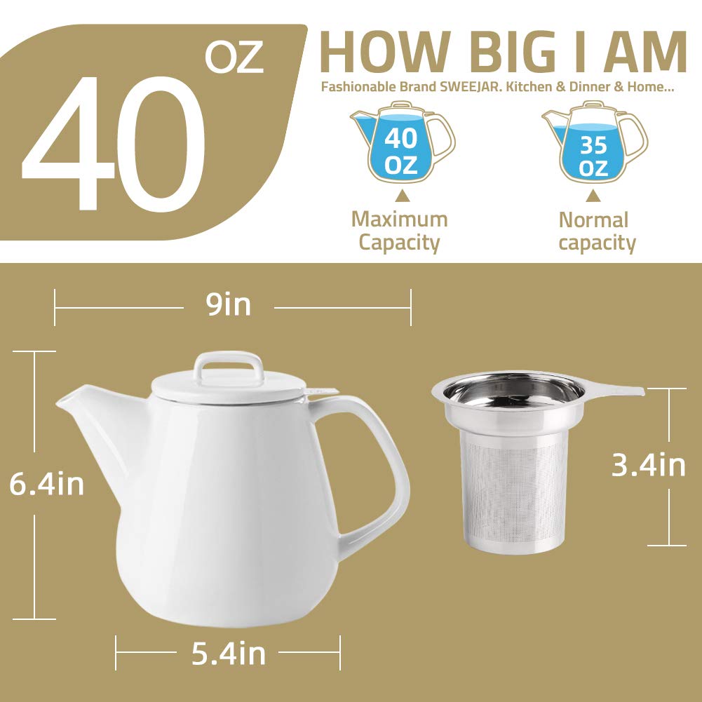 Sweejar 40oz Tea pot with Removable Stainless Steel Infuser,Dishwasher Safe Tea Pots for Loose Tea,Tea Pots with Infuser for Chrismas Women Gift (White)