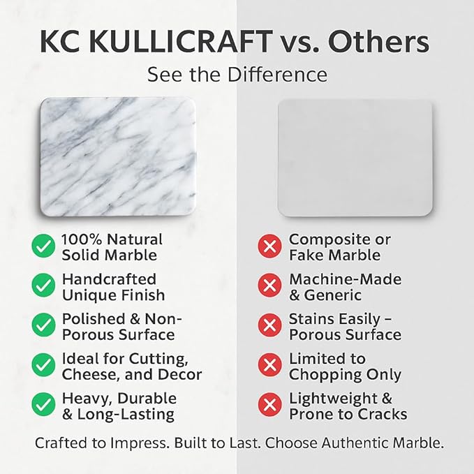 KC KULLICRAFT 8×12 White Marble Cheese & Charcuterie Serving Board – Natural Marble Cutting Board & Pastry Slab with Non‑Slip Feet – Premium Stone Kitchen Tray Gift.