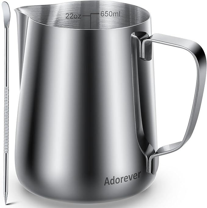 Milk Frothing Pitcher, 22oz 650ml Milk Frother Cup Stainless Steel Steaming Pitcher, Coffee Bar Cappuccino Espresso Machine Accessories Barista Tools, Metal Steamer Cup Mug Milk Jug with Latte Art Pen