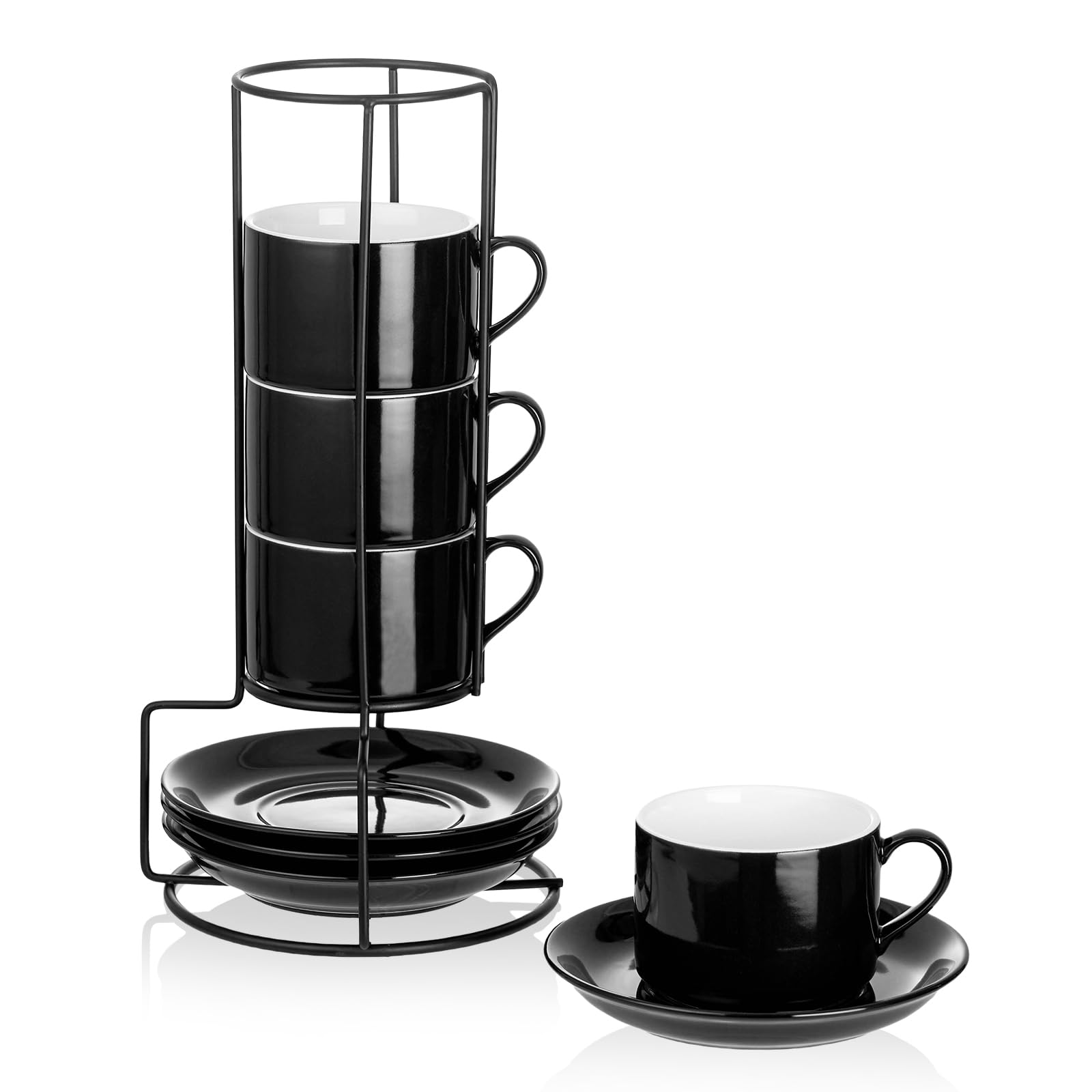 Meichu Cappuccino Cups Set of 4, 8oz Stackable Coffee Cups Set with Saucers and Metal Stand, Black Coffee Mugs and Saucers for Cappuccino, Latte, Americano and Tea