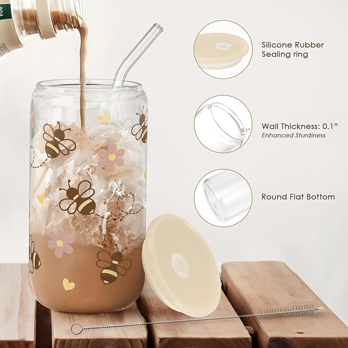 Bee 16oz Can Glass Tumbler with Acrylic Lid & Straw - Iced Coffee Cup for Women Girls, Aesthetic Cups Gifts for Birthday Christmas