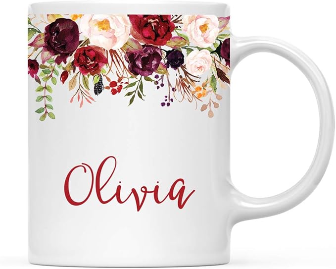 Andaz Press Personalized 11oz. Wedding Ceramic Coffee Tea Mug Bridesmaid Gift, Fall Autumn Marsala Burgundy Flowers Roses Florals, Olivia, 1-Pack, Includes Gift Box, Custom Name