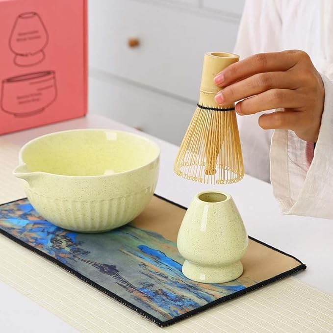 Matcha Tea Set, Glazed Ceramic Bowl and Whisk Holder, Light Yellow, 2-Piece