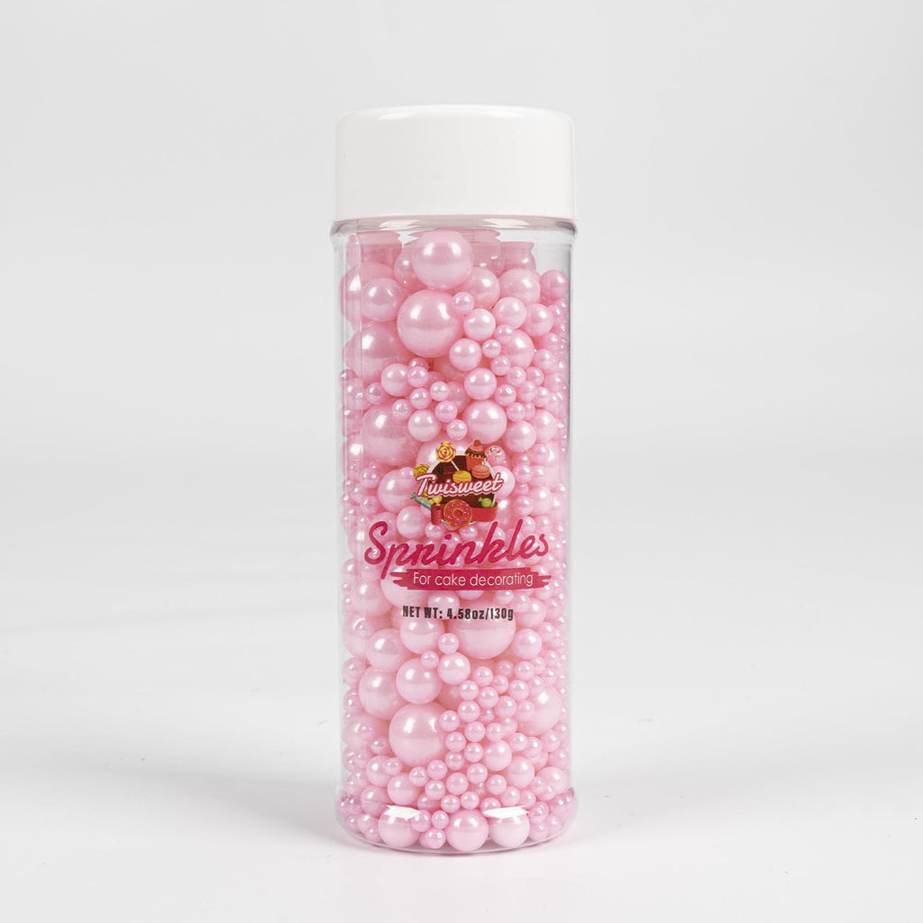 Twisweet Pink Pearl Sprinkles for Cake Decorating, Edible Sugar Pearls for Baking, Mix Size, Cake Topper Cupcake Cookie Ice Cream Dessert Decorations, Baby Shower Wedding Birthday Valentine Supplies (130g/4.58oz)