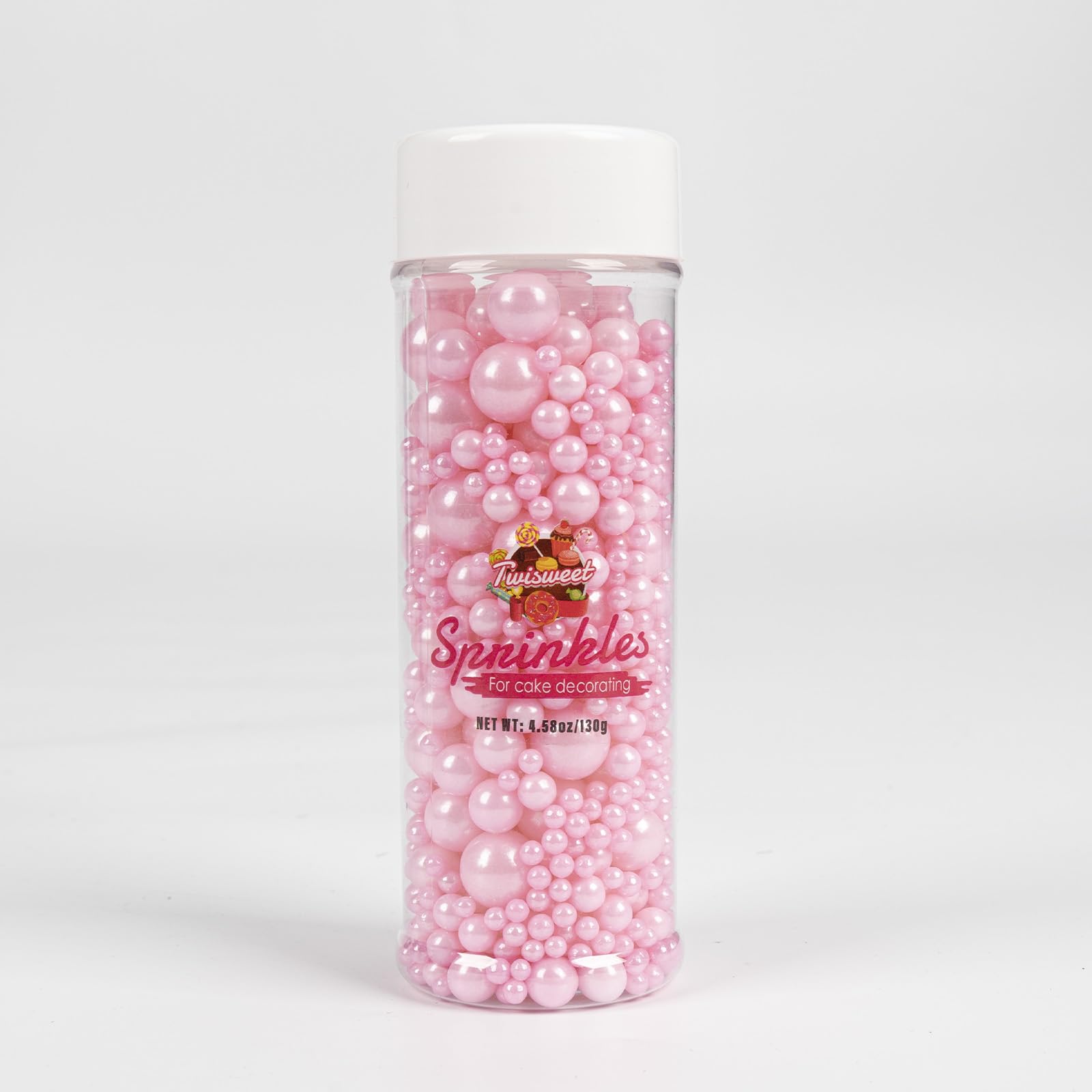Twisweet Pink Pearl Sprinkles for Cake Decorating, Edible Sugar Pearls for Baking, Mix Size, Cake Topper Cupcake Cookie Ice Cream Dessert Decorations, Baby Shower Wedding Birthday Valentine Supplies (130g/4.58oz)