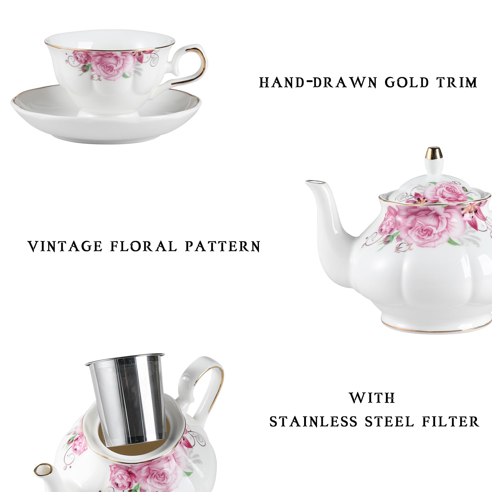 Sweejar Ceramic Teapot with Infuser, Floral Relief Gold Rimmed Teapot, 29 OZ Porcelain Tea Pot for Blooming and Loose Tea, Coffee...(Flower)