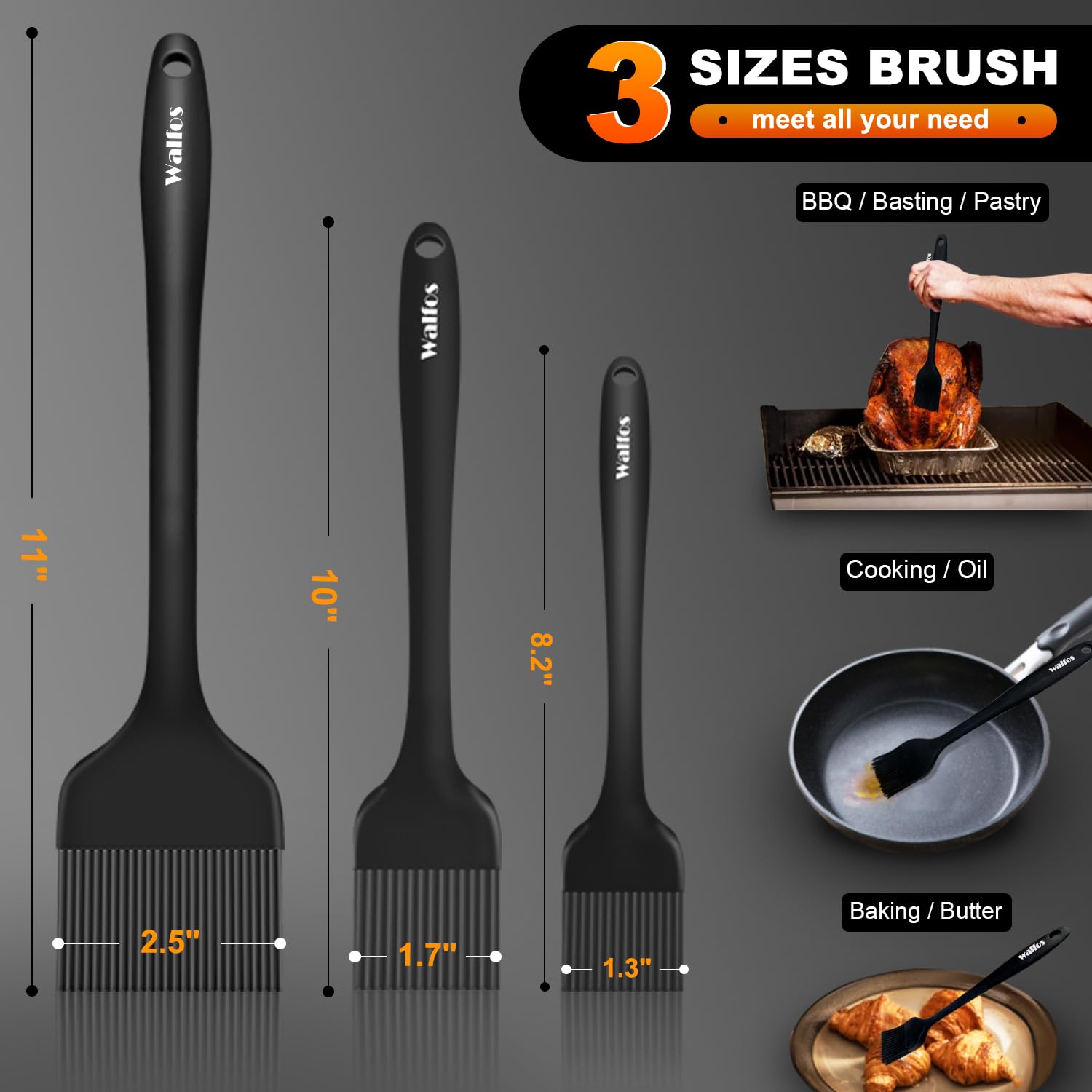 Walfos 3 Size Basting Brush, 600°F High Heat Resistant Silicone Pastry Brushes for BBQ, Baking, Kitchen Cooking, Desserts- BPA Free&Dishwasher Safe