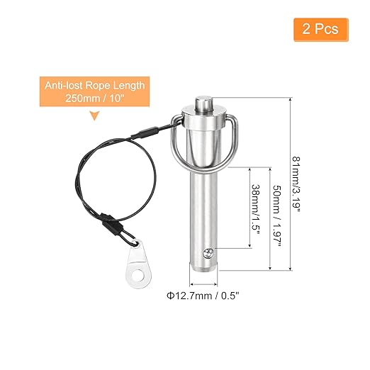 uxcell 2 Pcs Quick Release Pin, 1/2" x 1.5"(Dia. x L) Push-Button Ball Locking Pin 304 Stainless Steel Ring Handle Locking Pin with Wire for Audio Bimini Top Marine, Silver