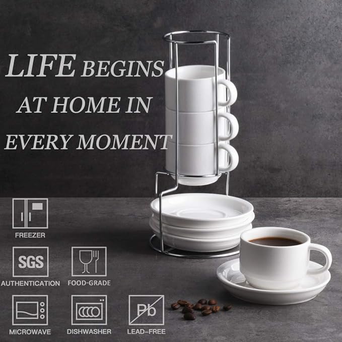 Sweejar Porcelain Espresso Cups with Saucers, 4 Ounce Stackable Cappuccino Cups with Metal Stand for Coffee Drinks, Latte, Tea - Set of 4 (White)