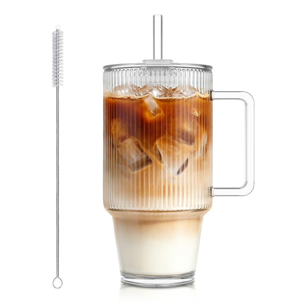 KEMORELA 24 Oz Ribbed Glass Tumblers with Lids and Straws, Tumbler Cup with Handle, Iced Coffee Glassware, Clear Reusable Drinkware for Smoothies and Beverages (1)
