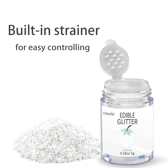 White Edible Glitter Glimmer Powder for Cakes Drinks - Colaele 5 grams Food-Grade Luster Dust Metallic Food Decorating Sprinkle Glimmery Brew Dust for Baking Dessert Chocolates Decorations, Vegan