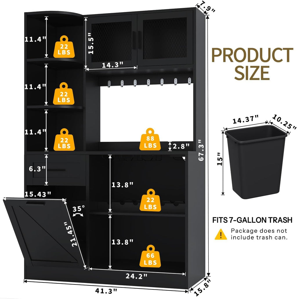 DynJest 67.3" Tall Modern Black Kitchen Pantry Storage Cabinet with Drawer and Shelves, Tilt Out Trash Can, Coffee Bar Wine Cabinet with LED Lights and Power Outlet, Wine Glass Rack, 2 Mesh Doors