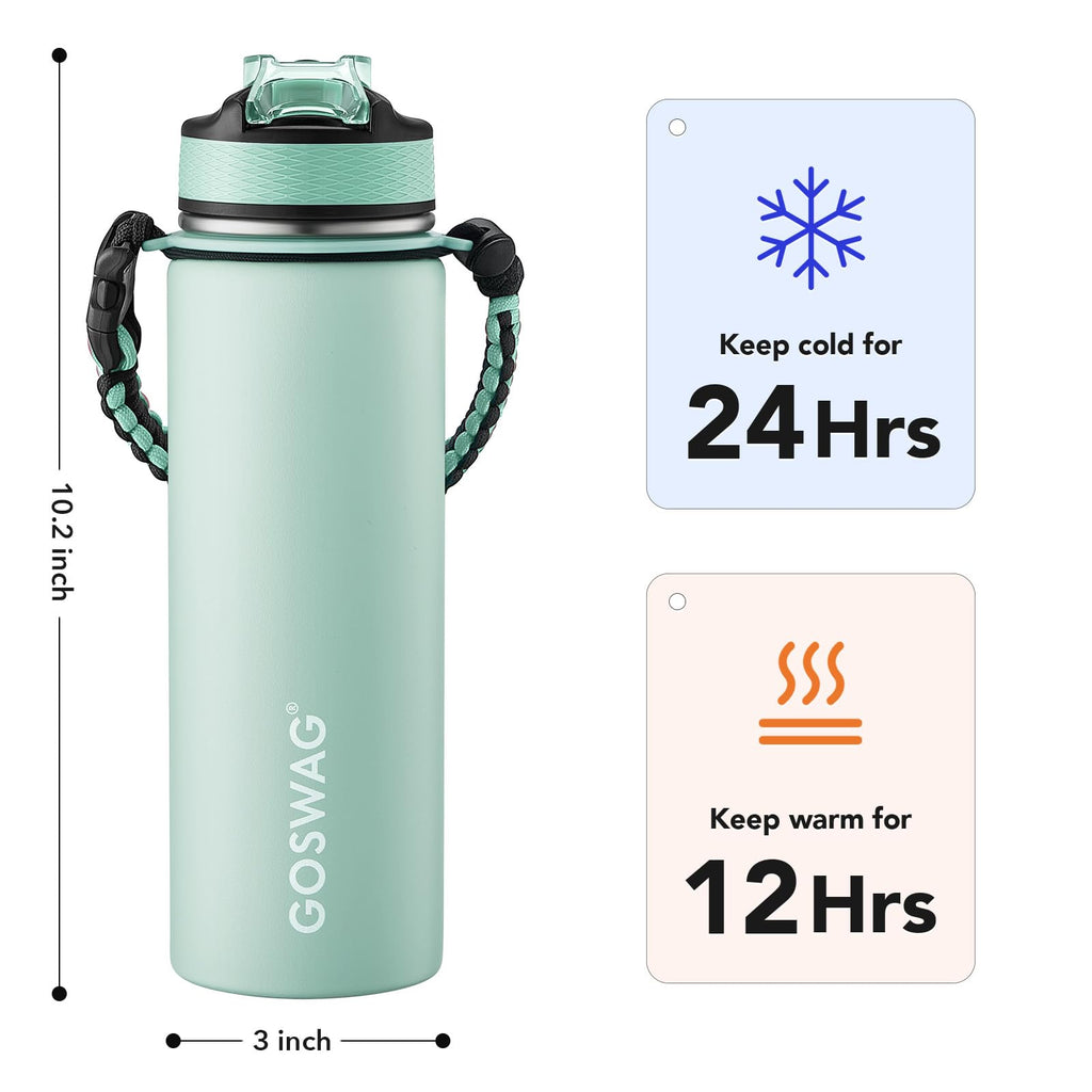 GOSWAG 24oz Insulated Stainless Steel Travel Water Bottle, 2 Lids