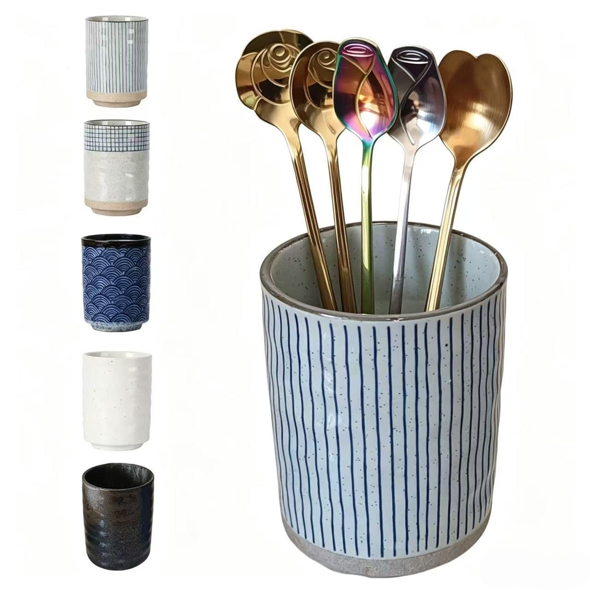 TOPYOKK Stoneware Coffee Bar Utensil Holder Tea & Coffee Spoon & Stirrer Holder for Stir Stick Straw Teaspoon Holder Espresso Spoon Cup Small Utensil Jar (Snow night)
