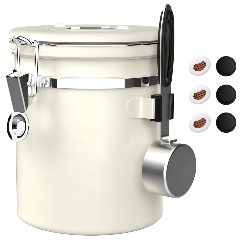 ShanSon Coffee Canister Airtight, Stainless Steel Bean Storage Container with Date Tracker & Scoop, Grounds Sugar Flour Tea Cereal Fits Kitchen Pantry, Ideal Gift for Coffee Lovers,16oz,Beige