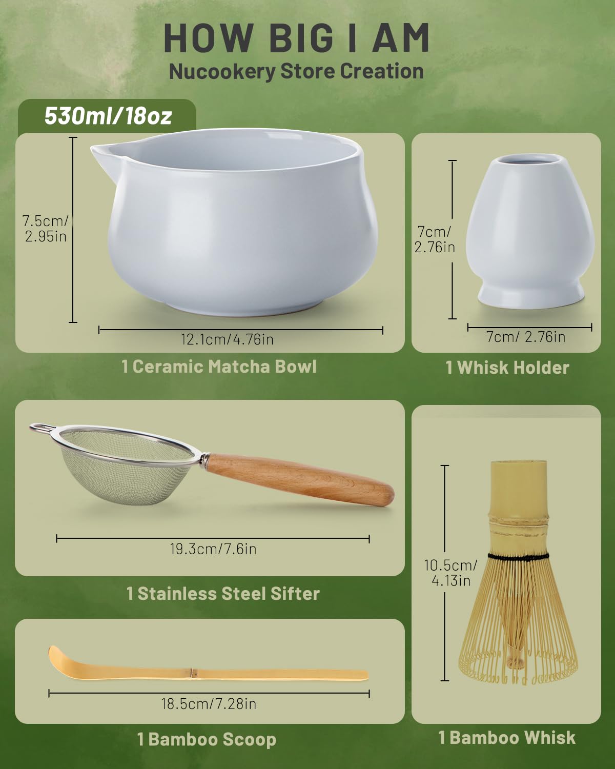 Nucookery Matcha Set with 18oz Ceramic Bowl Bamboo Whisk Kit 5pcs, White