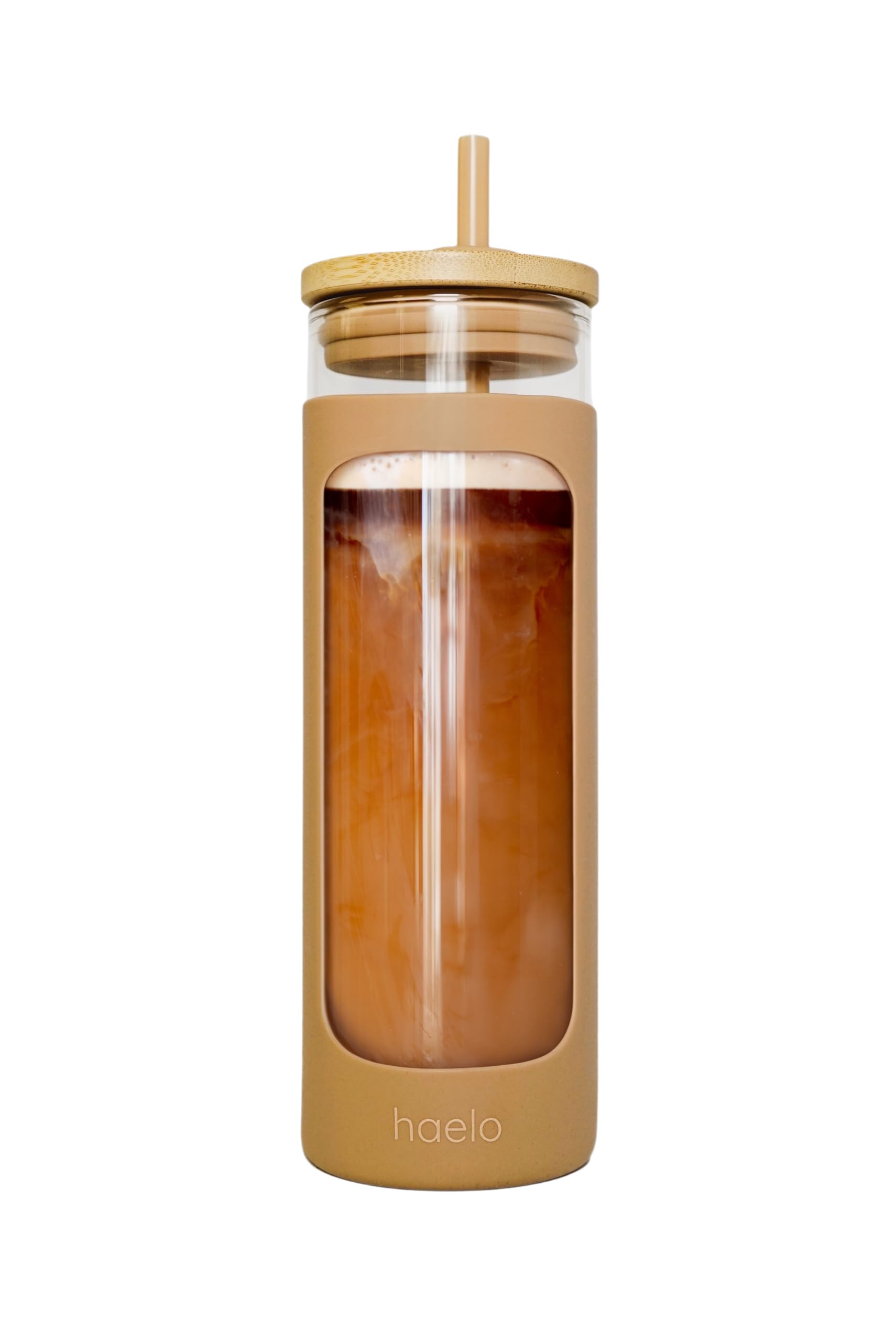 haelo 20oz Glass Tumbler Water Bottle, Iced Coffee Cup with Straw, Silicone Protective Sleeve, Bamboo Lid Reusable BPA Free (Amber)