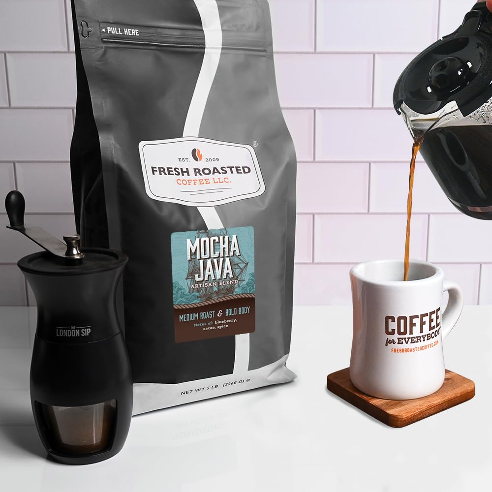 Fresh Roasted Coffee, Mocha Java Whole Bean Coffee, Medium Roast, Kosher, 5 lb (80 oz)