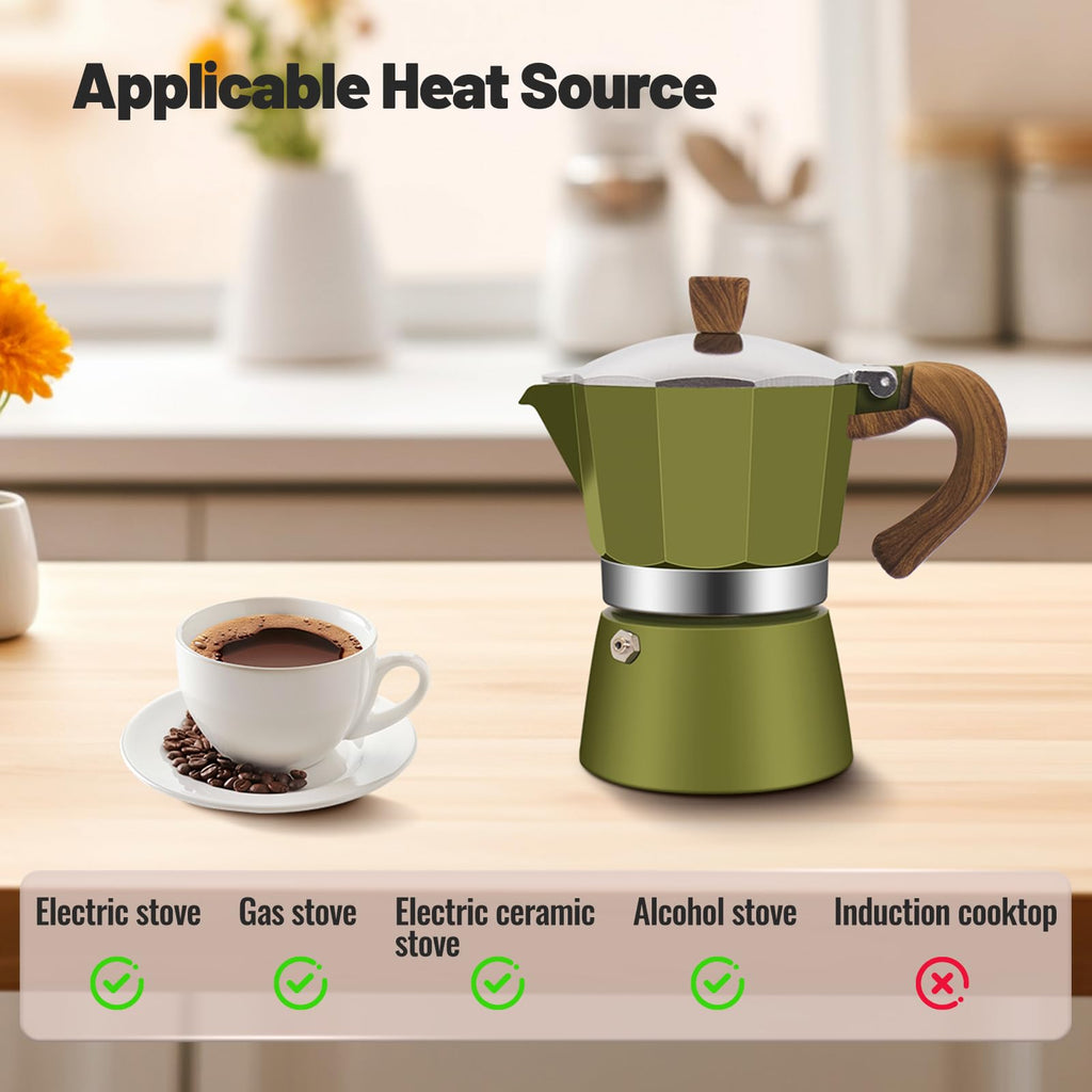 Vaolvpant 3 Cup Aluminum Moka Pot Classic Stovetop Espresso Coffee Maker 150ml 5oz Coffeemaker Percolator Mocha Pot Greca Coffee Maker Cafe Makers for Italian and Cuban Café Brewing Green