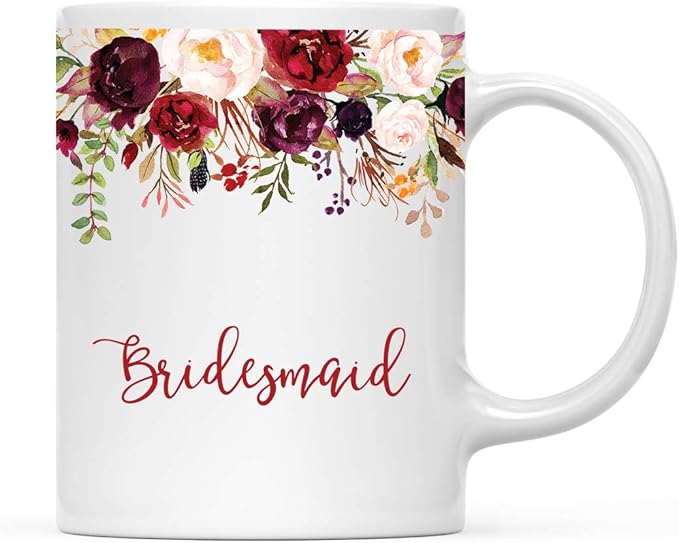 Andaz Press 11oz. Wedding Ceramic Coffee Tea Mug Gift, Fall Autumn Marsala Burgundy Flowers Roses Florals, Bridesmaid, 1-Pack, Includes Gift Box