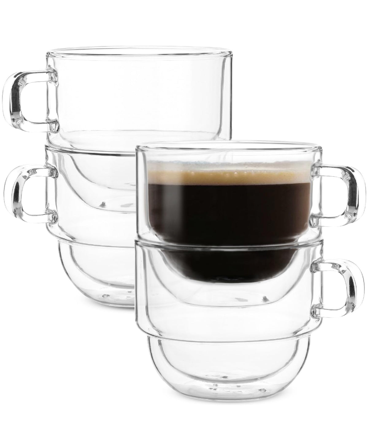 BTaT- Double Walled Stackable Glass Coffee Mugs, 8 oz, Set of 4, Glass Coffee Cups with Handle, Insulated Clear Coffee Mug for Hot and Cold Beverages, Cappuccino, Latte, Tea, Americano
