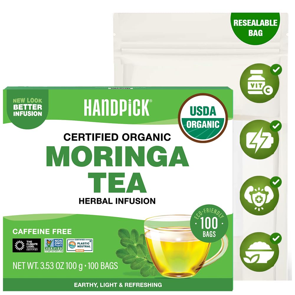 HANDPICK, Organic Moringa Tea Bags (100 Count), Pure Moringa Leaves | Authentic Indian Origin | Caffeine Free, Non GMO | Round Eco-conscious Teabags