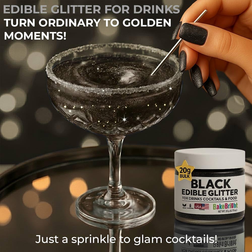 Bulk 20g Black Edible Glitter for Drinks | Premium Edible Glitter for Cakes, Cocktails, Black Cake Decorating Decorations Food Grade, Vegan, Kosher, Halal, Gluten Free - Made in USA