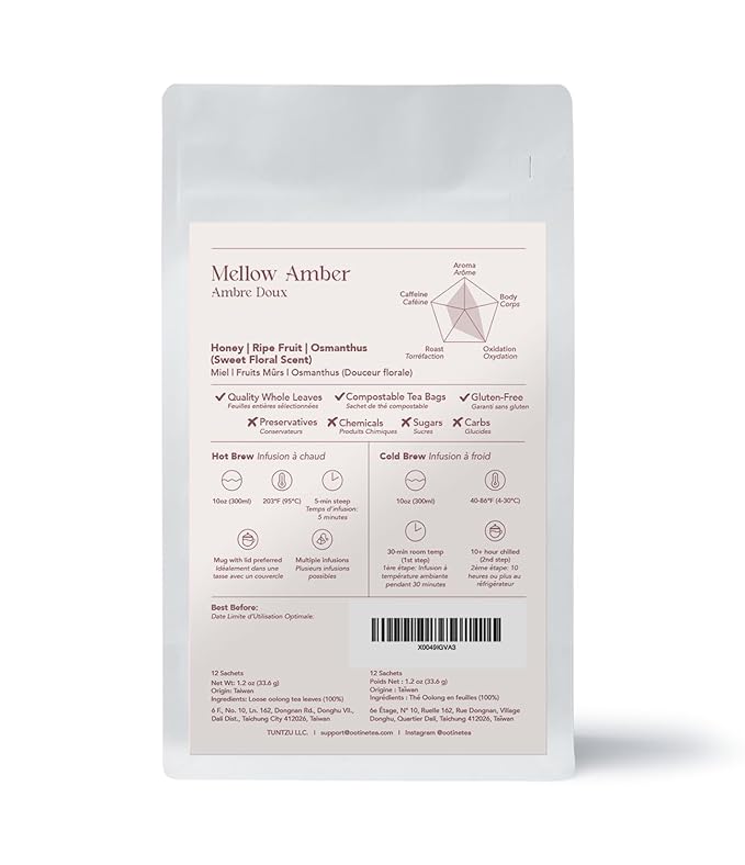 OOTINE, Mellow Amber Taiwan Oolong (12 Pyramid Sachets) | Honey and Dried Fruit Notes, Close to Black Tea & Japanese Wakoucha | Hand-Picked Quality Whole Leaves in Plant-Based Sachets | Caffeine Alternative for Gentle Focus, Supports Gut Health | Multi...