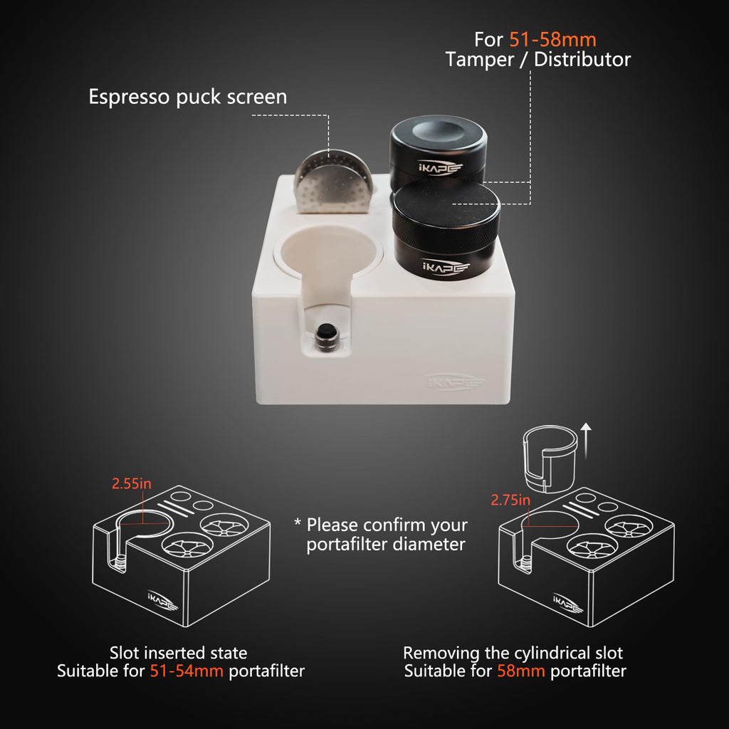 IKAPE ABS Espresso Knock Box, 7 in 1 Coffee Organizer Box Fit for Storage 51, 54, 58MM Espresso Tamper, Distributor, Portafilter & Puck Screen Accessories(White)
