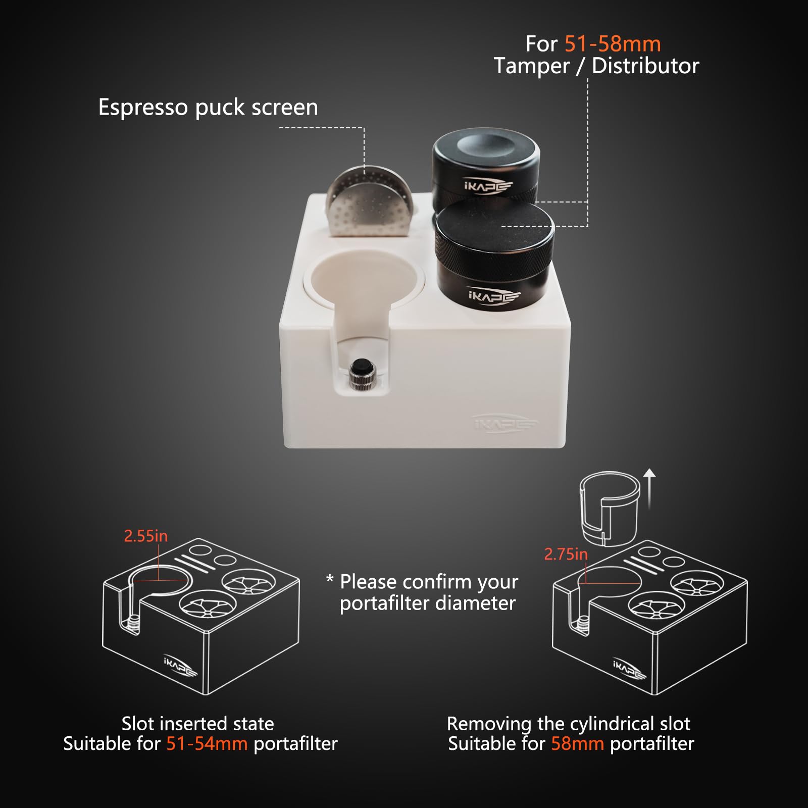 IKAPE ABS Espresso Knock Box, 7 in 1 Coffee Organizer Box Fit for Storage 51, 54, 58MM Espresso Tamper, Distributor, Portafilter & Puck Screen Accessories(White)