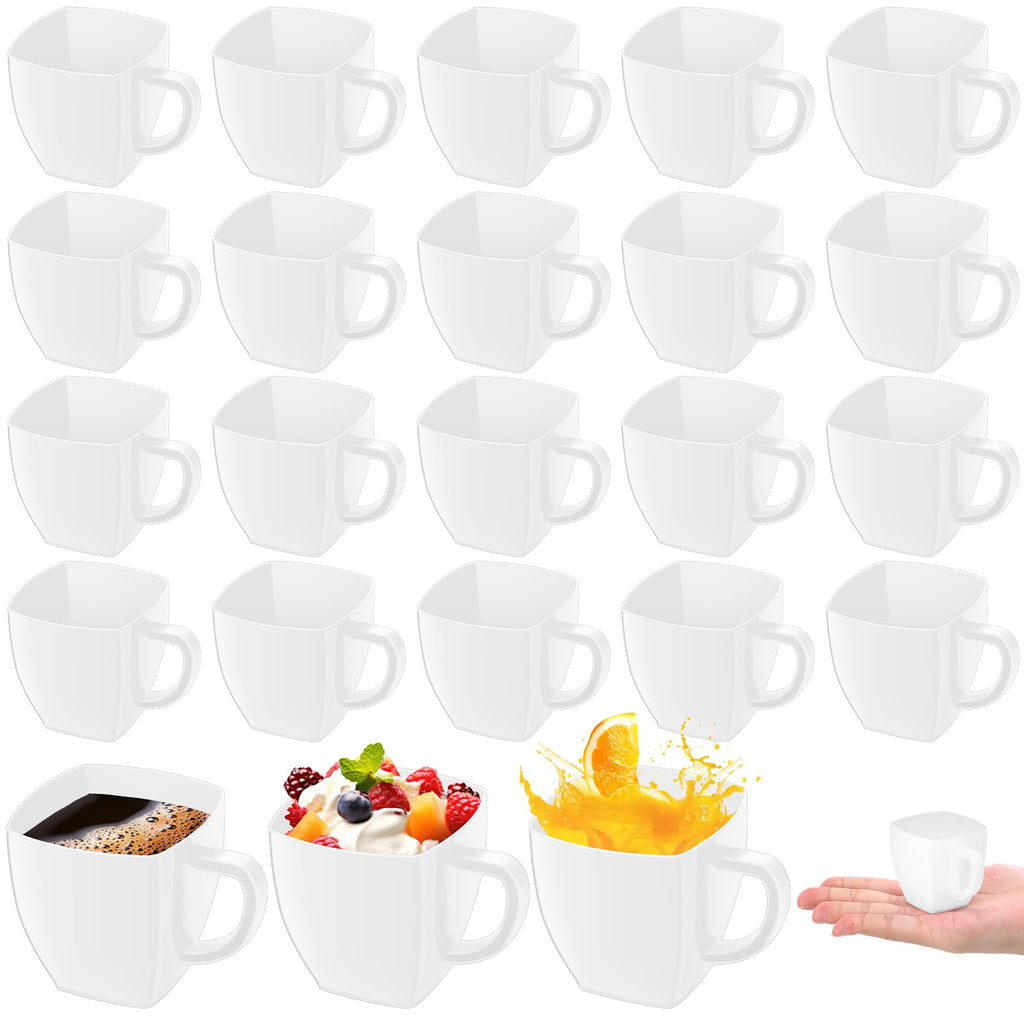 Amyhill 50 Pcs Mini Disposable Tea Cups with Handle, 2oz Hard Plastic Coffee Mug Bulk Plastic Square Disposable Espresso Cups for Wedding Tea Party Catering Dessert Sampling (White)