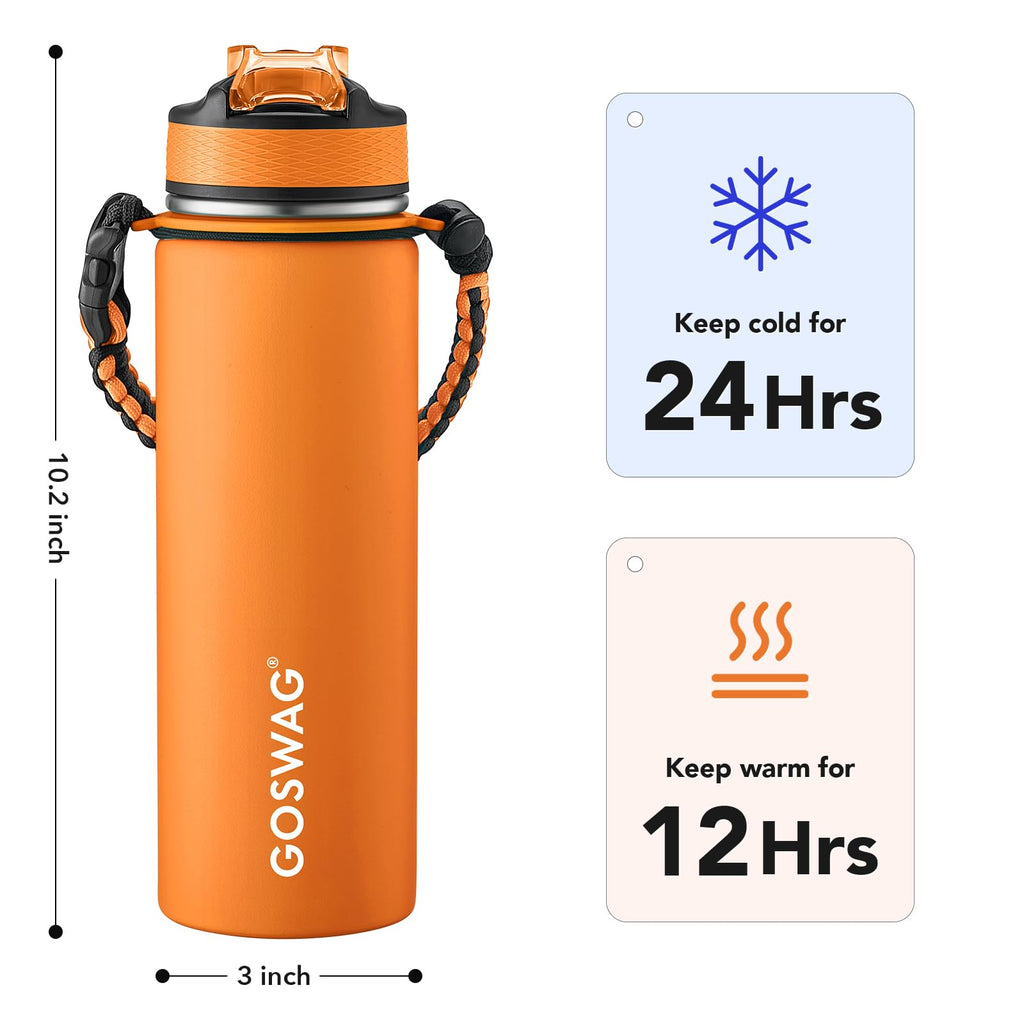 GOSWAG 24oz Insulated Stainless Steel Travel Water Bottle, 2 Lids