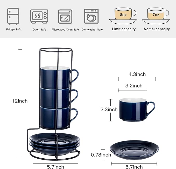 8oz Porcelain Stackable Cappuccino Cups with Saucers and Metal Stand Set of 4, Coffee Cups for Espresso, Specialty Coffee Drinks, Latte, Americano and Tea - Blue