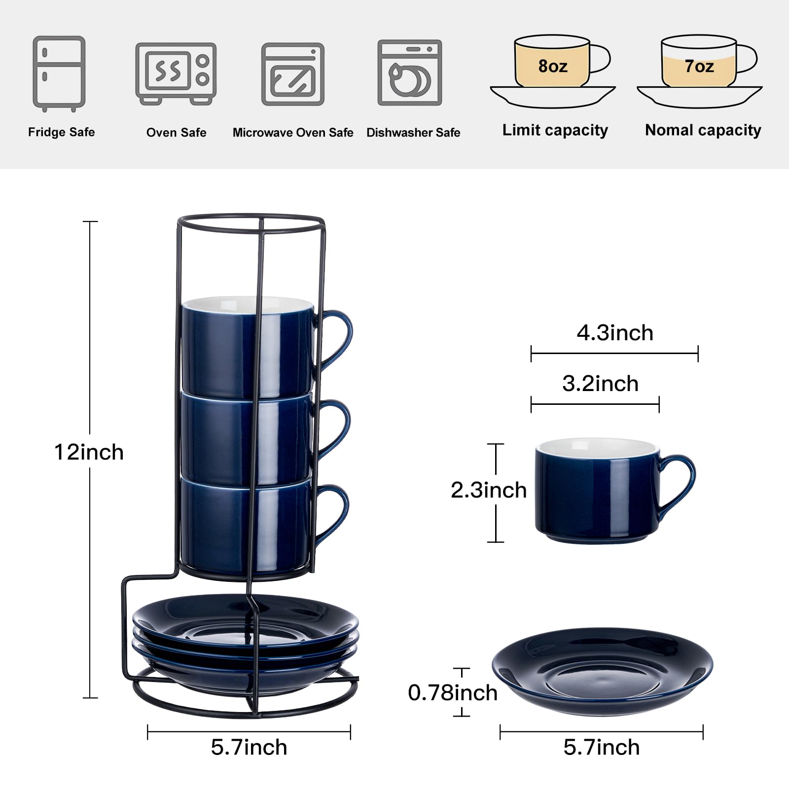 Meichu Cappuccino Cups Set of 4, 8oz Stackable Coffee Cups Set with Saucers and Metal Stand, Blue Coffee Mugs and Saucers for Cappuccino, Latte, Americano and Tea