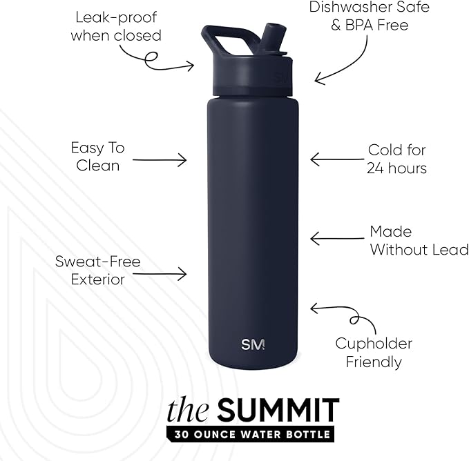 Simple Modern Water Bottle with Straw Lid | Vacuum Insulated Stainless Steel Metal Thermos | Reusable Leak Proof BPA-Free Flask for Sports Gym | Summit Collection | 30oz, Deep Ocean