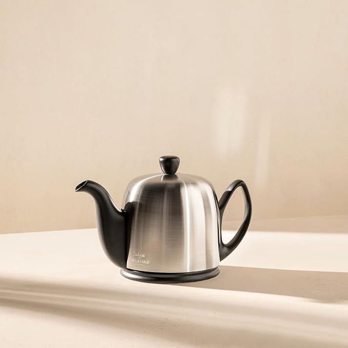 Salam Luxury French Tea Pot - Porcelain Teapot with Emerald Aluminum Cover, Ceramic Tea Kettle for Loose Tea, Removable Infuser, 6 Cup Capacity, 36oz - Black