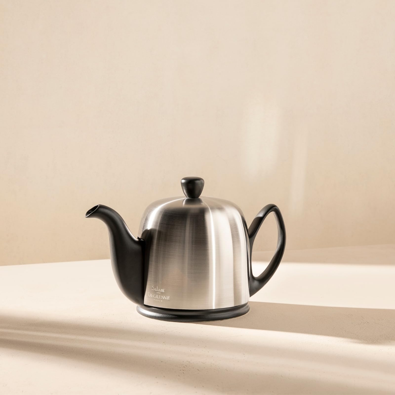 Degrenne Salam Luxury French Tea Pot - Porcelain Teapot with Brushed Aluminum Cover, Ceramic Tea Kettle for Loose Tea, Removable Infuser, 6 Cup Capacity, 36oz - Aluminum