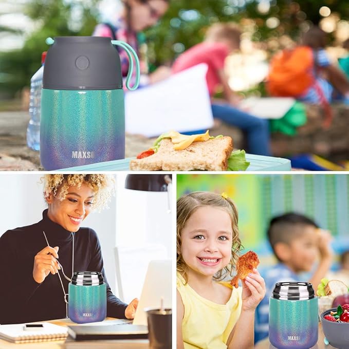 Insulated Thermo Soup Jar for Kids & Adults, 17 oz Stainless Steel Thermal Food Container with Spoon, Triple Layer Insulation (Rainbow)