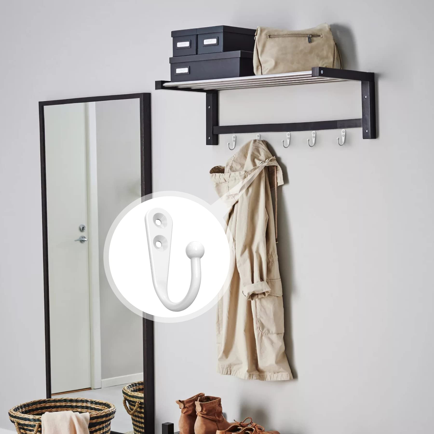 ZAYBOD 25 Pack White Hooks for Hanging - Heavy Duty Zinc Alloy Wall Mounted Hook Bulk for Coats, Towels - Matte White Single Coat Hook, Multi-Room Modern Closet Hardware Value Set