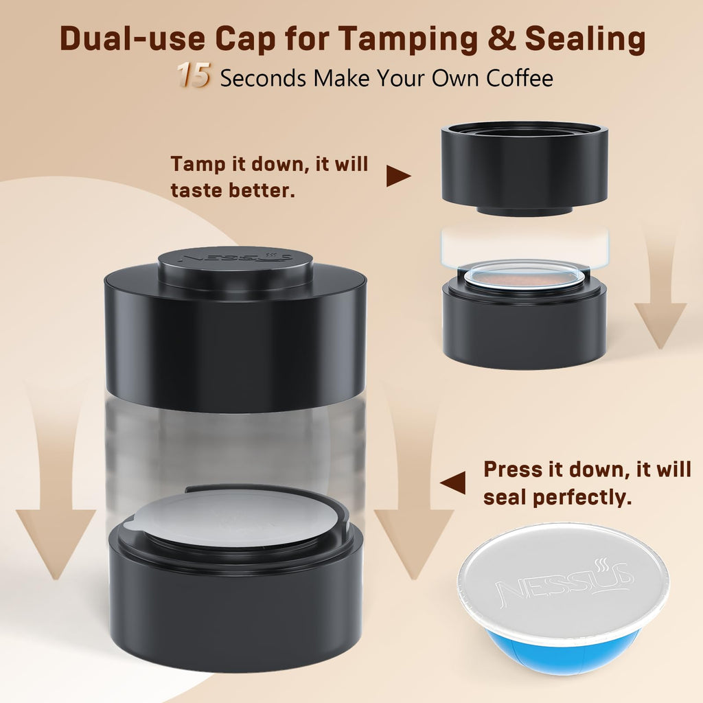 Nessus Reusable Pod Kit for Nespresso Pods Vertuo, Reuse Old Coffee Pods for Nespresso Vertuo: 100 Pcs Aluminum Foil Seal Lid, Holder, Brush, Refillable Vertuo Plus Next Capsule Machine(No Pods Come)