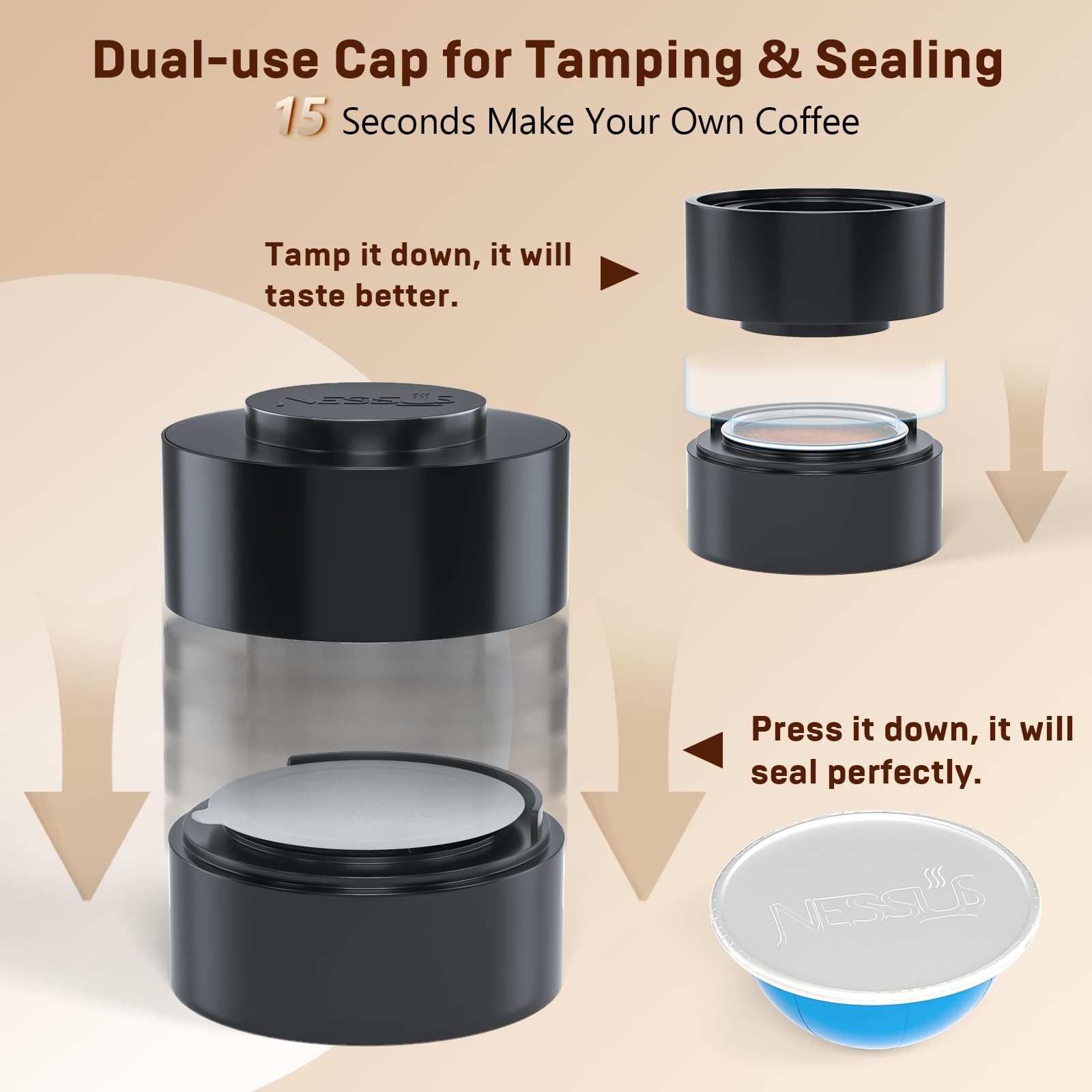 Nessus Reusable Pod Kit for Nespresso Pods Vertuo, Reuse Old Coffee Pods for Nespresso Vertuo: 100 Pcs Aluminum Foil Seal Lid, Holder, Brush, Refillable Vertuo Plus Next Capsule Machine(No Pods Come)