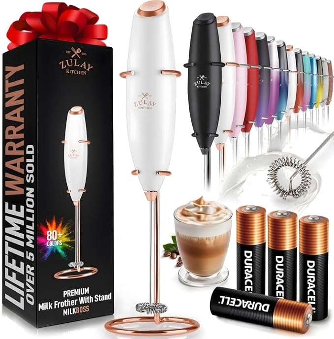 Zulay Kitchen Powerful Milk Frother Wand With 4 AA Duracell Batteries - Ultra Fast Handheld Drink Mixer - Electric Whisk Foam Maker for Coffee, Lattes, Cappuccino, Matcha & Creamer -