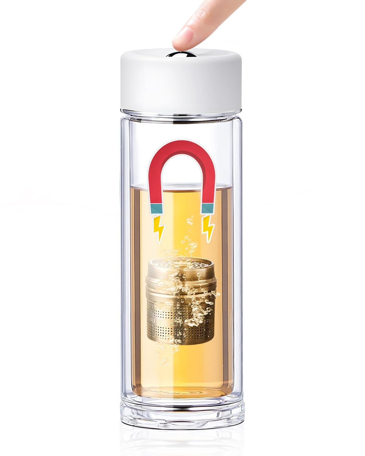 TEAVOR MagnaDrop Tea Tumbler – Double Wall Glass Tea Infuser Cup with Magnetic Steep Control & Bead Switch, Leakproof Travel Mug for Loose Leaf, 12.5oz