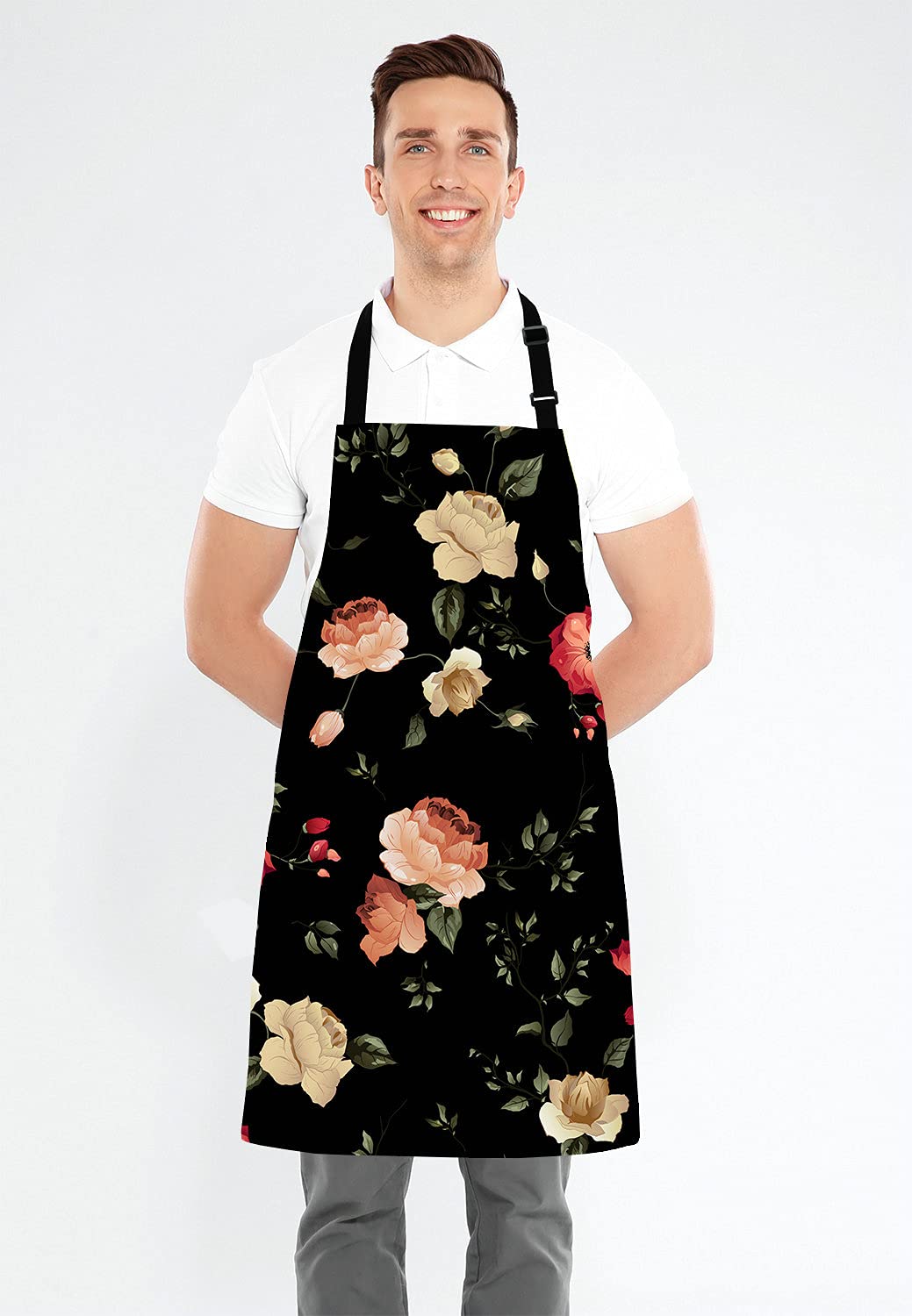 Lefolen Watercolor Floral Pattern with of Roses Adjustable Bib Apron Kitchen Cooking Baking Gardening Apron for Women Men